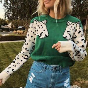 Boho Green Leopard Animal Print Cozy Sweater